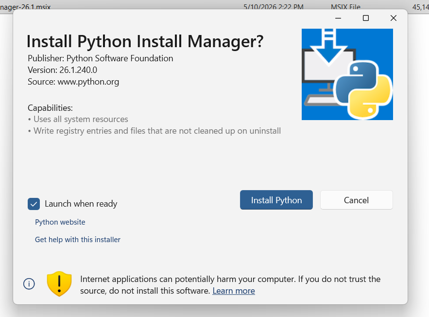 Install Python Install Manager prompt