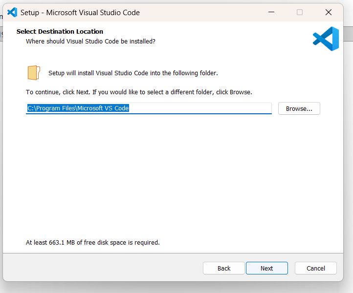 VS Code destination folder