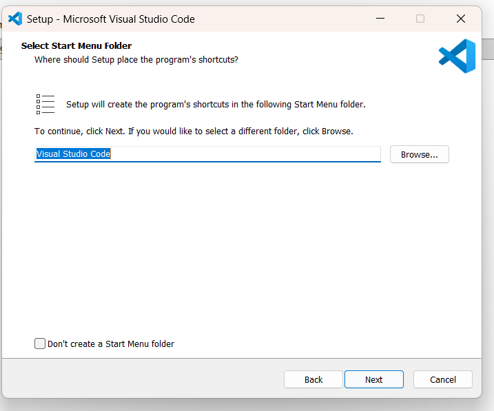 VS Code Start Menu folder