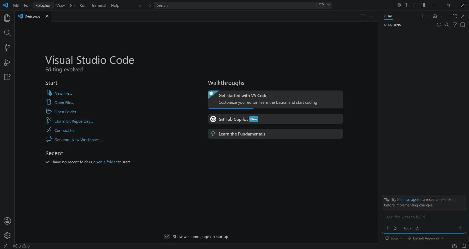 VS Code welcome screen