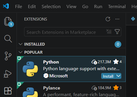 Python extension install button