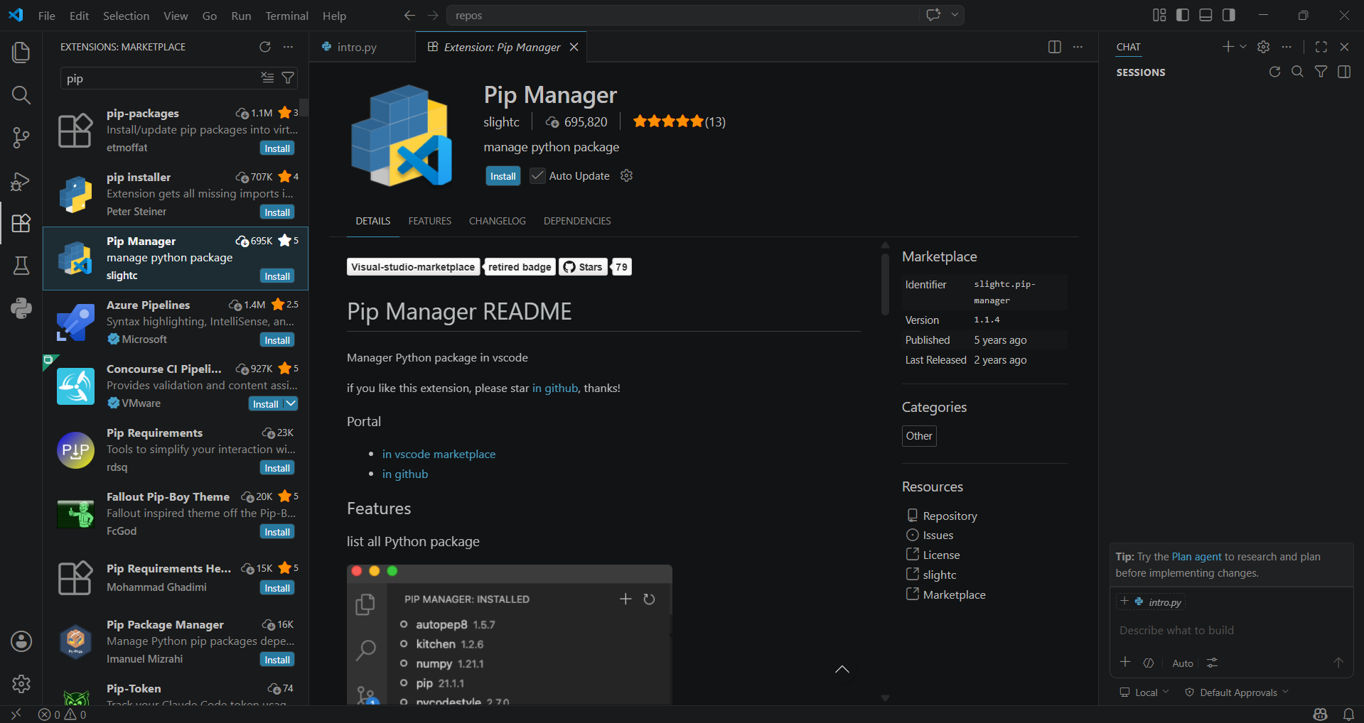 Pip Manager extension page