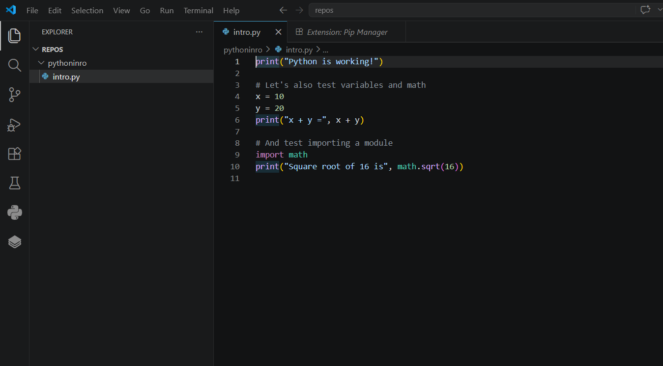 intro.py open in VS Code