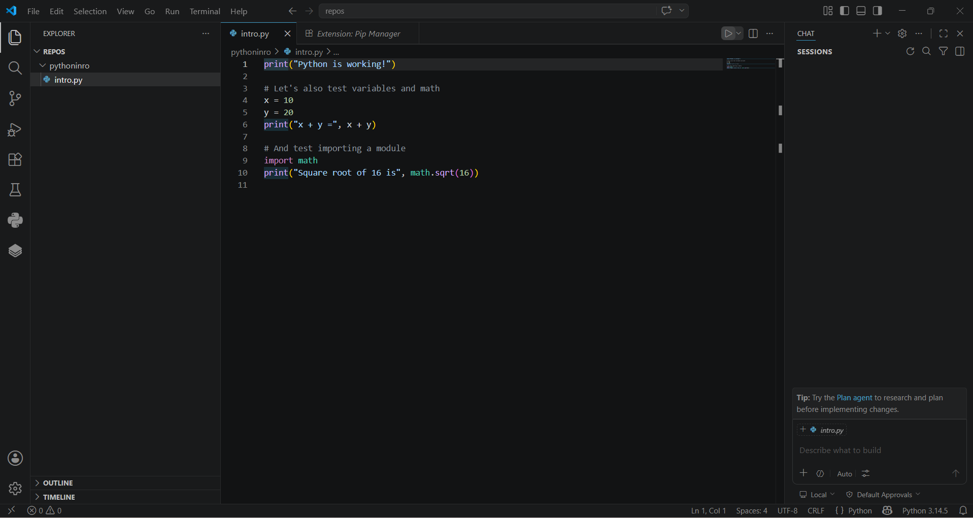 Running intro.py in the VS Code terminal