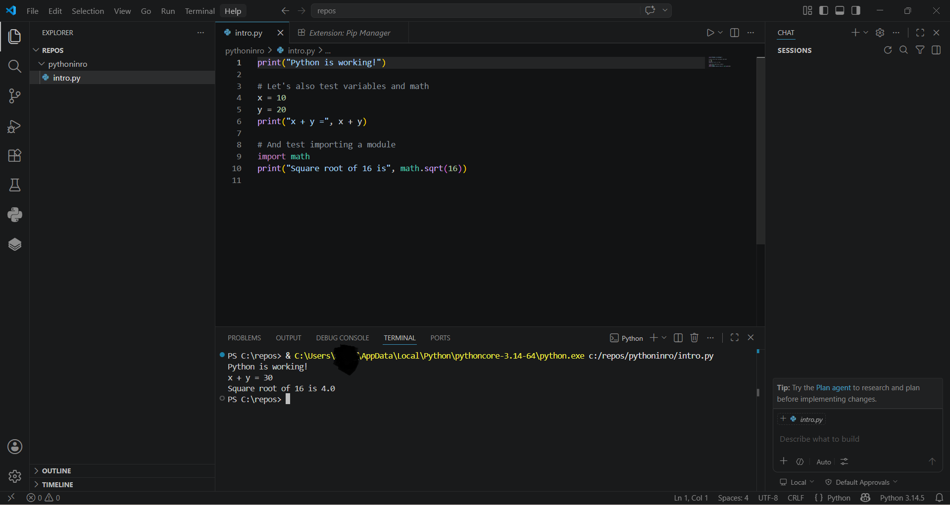 Successful Python output in terminal